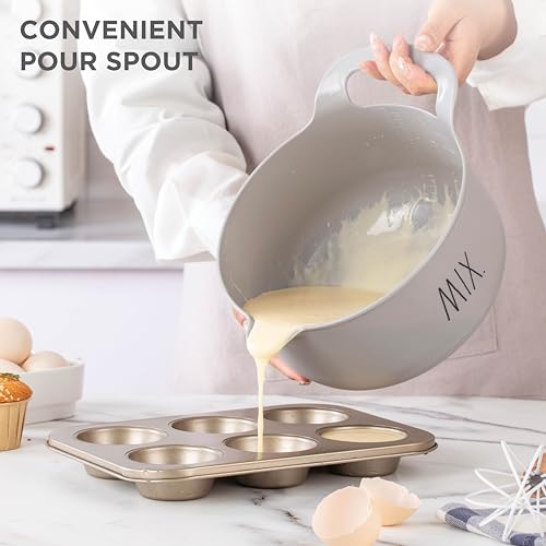 Rae Dunn Non-Slip Mixing Bowls - 4 Piece Nesting Plastic Mixing Bowl Set with Pour Spouts and Handles-Measurement Markings (Grey) - color: Gray