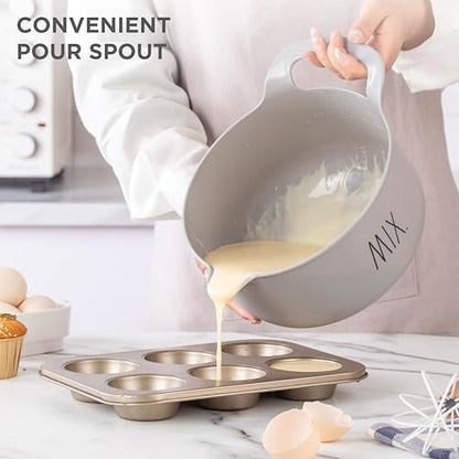 Rae Dunn Non-Slip Mixing Bowls - 4 Piece Nesting Plastic Mixing Bowl Set with Pour Spouts and Handles-Measurement Markings (Grey) - color: Gray