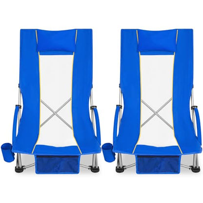 Romswi Compact High Back Beach Chair, Lightweight Low Seat Travel Chair, Beach Chair Fits in Suitcase, 300lbs Heavy Duty Folding Camping Chair with Cup Holder & Pocket, Blue - color: Blue - High Back