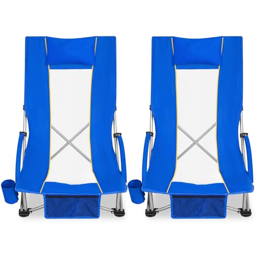 Romswi Compact High Back Beach Chair, Lightweight Low Seat Travel Chair, Beach Chair Fits in Suitcase, 300lbs Heavy Duty Folding Camping Chair with Cup Holder & Pocket, Blue - color: Blue - High Back