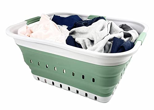SAMMART 42L (11 gallon) Collapsible Plastic Laundry Basket - Foldable Pop Up Storage Container/Organizer - Portable Washing Tub - Space Saving Hamper/Basket (Grey/Dark Sea Green) - color: Grey/Dark Sea Green