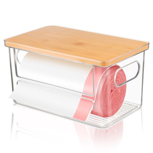 Trash Bag Holder Dispenser, Garbage Bag Dispenser with Bamboo Lid & Handles, Stackable Clear Trash Bag Organizer Under Sink for Kitchen, Pantry, Laundry Room, Cabinet - size: Small