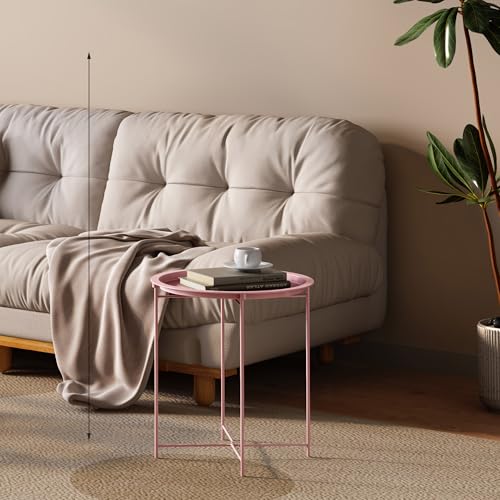 End Table Set of 2,Pink Outdoor Side Table, Small Patio Round Folding Metal Side Tables for Outdoor,Living Room,Bedroom Balcony and Office, 2 PCS - color: Pink