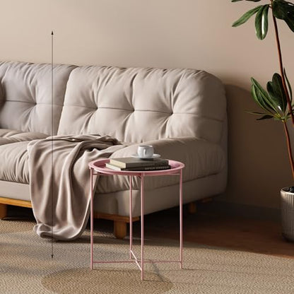 End Table Set of 2,Pink Outdoor Side Table, Small Patio Round Folding Metal Side Tables for Outdoor,Living Room,Bedroom Balcony and Office, 2 PCS - color: Pink