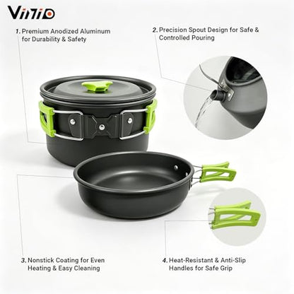 Vinid 20pcs Camping Cookware Mess Kit, Non-Stick Lightweight Pots Set with Stainless Steel Cups Plates Forks Knives Spoons, Portable Outdoor Cookware for Camping Backpacking Hiking and Picnic