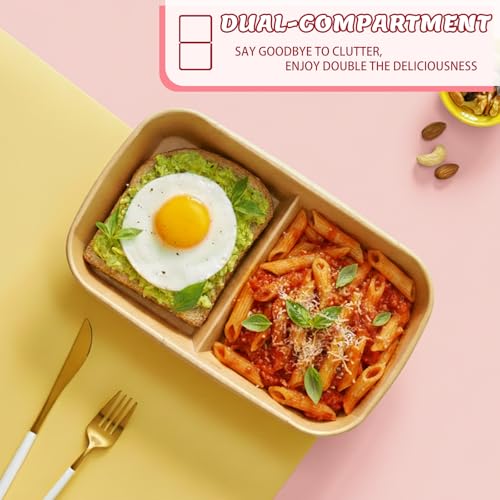 8 Pack 32oz Paper Lunch Box Bento Boxes, 2-Compartment Kraft Brown Paper Take Out Food Containers with Lids, Leakproof & Microwave Safe, Disposable To Go Boxes for Picnics, Offices, Catering, Red - color: Red Lid & Kraft Brown Box