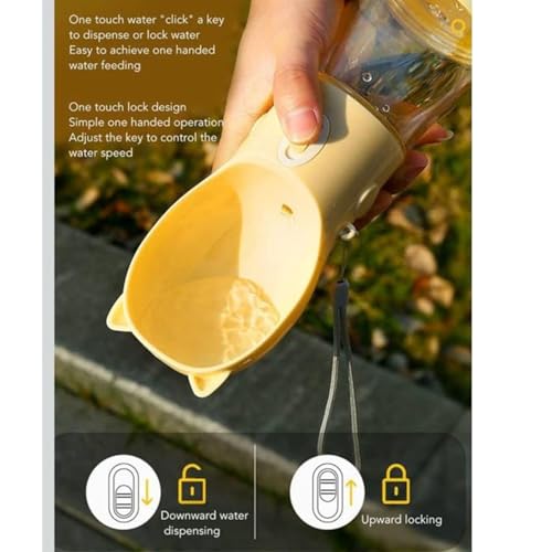 Dog Water Bottle Dispenser 380ml – Leak-Proof Lock, One-Hand Operation | Portable Pet Travel Water Bottle with Built-in Bowl | Yellow- Don't Forget to Claim Your - color: yellow