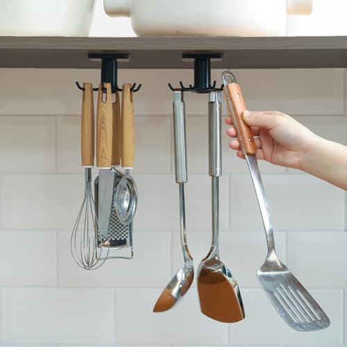 Black Under Cabinet Kitchen Utensil Hook, 360° Rotating Utensils Hanger Hook for Kitchen and Bathroom Hanging Rack for Tools/Towel/Knife/Scoop - color: Black-1 PCS