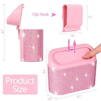 NBTEPEM Bling Pink Car Trash Can with Lid - 2 Pack, Mini Auto Garbage Can with 60 Trash Bags, Automotive Garbage Container Bin, Bling Car Accessories Trash Can for Women (Pink Diamond) - color: Pink Diamond