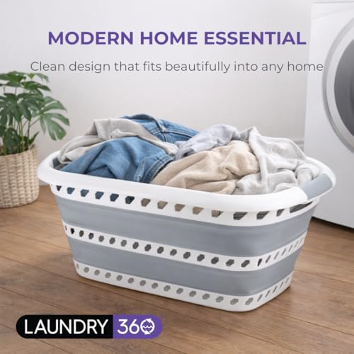 Laundry 360 Collapsible Laundry Basket 40L | Portable | Space Saver Storage | Hold 2 Loads | Store Under the Bed or Closet | Good for Kids | Dorm | Bedroom | Large | White/Grey - size: 1 Pack White 40L
