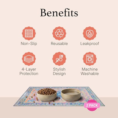 Lovewag Pets Waterproof 2-Pack Pet Feeding Mats - 16" x 24" Premium Cat & Dog Food Mat - Non-Slip, Machine Washable Food Mat Protects Floors & Contains Water Bowl Spills - Place Mats (Bohemian Jewel) - color: Bohemian Jewel