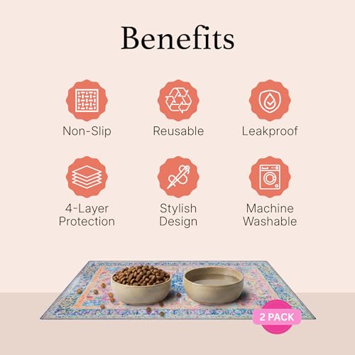 Lovewag Pets Waterproof 2-Pack Pet Feeding Mats - 16" x 24" Premium Cat & Dog Food Mat - Non-Slip, Machine Washable Mat Protects Floors & Contains Water Bowl Spills - Place Mats (Marmalade Sunshine) - color: Marmalade Sunshine