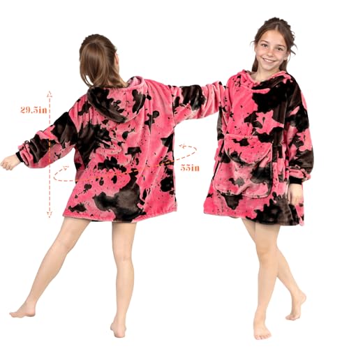 cow print Pink Wearable Blanket Hoodie 6-13 Year Old - Cozy Soft Fleece Flannel Hot Pink Hooded Sweatshirt Blanket, Christmas/Birthday Gifts for Teens Girls - color: Black Pink, size: Kids-M
