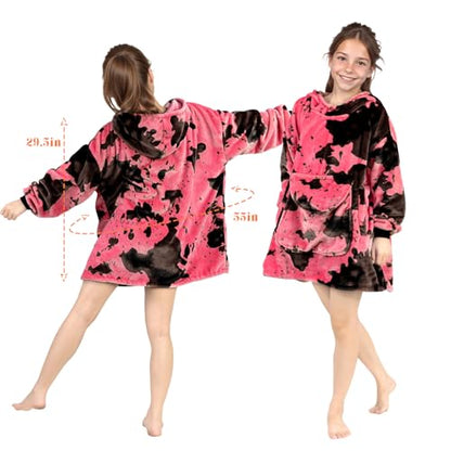 cow print Pink Wearable Blanket Hoodie 6-13 Year Old - Cozy Soft Fleece Flannel Hot Pink Hooded Sweatshirt Blanket, Christmas/Birthday Gifts for Teens Girls - color: Black Pink, size: Kids-M