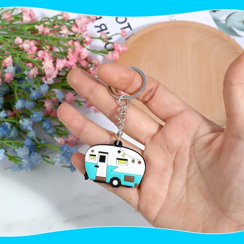 Thinp 2 Pieces Camper Keychain, RV Camper Keyring Accessories for Travel Trailers Enameled Metal Retro Camping Car Keychain - color: Rubber Red+green