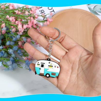Thinp 2 Pieces Camper Keychain, RV Camper Keyring Accessories for Travel Trailers Enameled Metal Retro Camping Car Keychain - color: Rubber Red+green