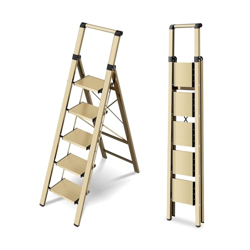5 Step Step Ladder,Lightweight Folding Step Stool with Anti-Slip Aluminum Wide Pedal&Convenient Handgrip,Steel Ladder for Household and Office(Gold) - color: Gold, size: 5 Step