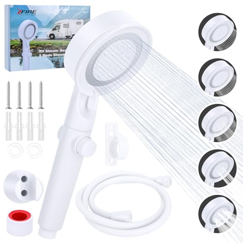 RV Shower Head with Hose, 5+1 Mode High Pressure Shower Head Replacement with On/Off Switch, Water Saving Motorhome Shower Head, Shower Head for RV/Campervan, Caravan - color: White