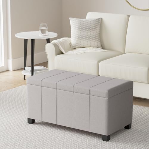 SIMPLIHOME Dover Storage Ottoman Bench - 36 inch Wide Upholstered Linen Look Fabric Rectangular Lift-Top Ottoman in Cloud Grey, Contemporary Bench for Living Room with Safety Hinges - color: Cloud Grey