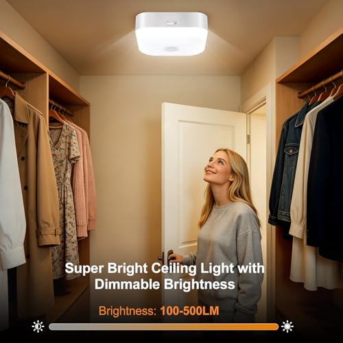Yunaking Rechargeable Ceiling Light with Motion Sensor: Battery Operated LED Closet Light with Remote & Timing - Wireless Dimmable Magnetic Mount Shower Lamp for Bathroom/Stairs/Garage/Hallway - color: White Square