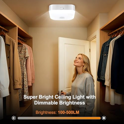 Yunaking Rechargeable Ceiling Light with Motion Sensor: Battery Operated LED Closet Light with Remote & Timing - Wireless Dimmable Magnetic Mount Shower Lamp for Bathroom/Stairs/Garage/Hallway - color: White Square
