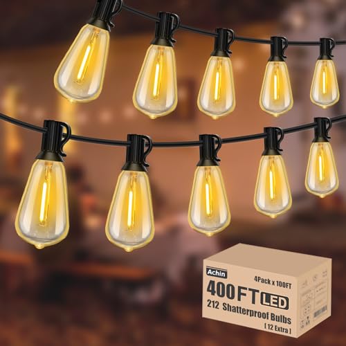 Achin String Lights for Outside 400FT(100ft*4) 2200K Warm Edison String Lights with 200+12 LED Vintage ST38 Bulbs Shatterproof Patio Lights Outdoor Waterproof for Yard Market Bistro Gazebo - color: ST38-Black-2200K, size: 400FT 200 Bulbs(4*100FT)