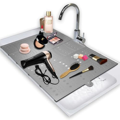 BRIAN & DANY Makeup Mat for Sink, Bathroom Sink Cover for Counter Space, Foldable Silicone Sink Mat Organizer Countertop RV Space Saver, Gray, 19.3" x 15.5" - color: Gray