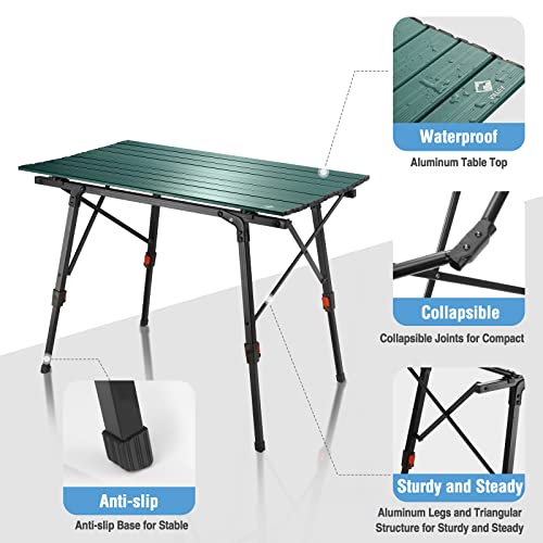 VILLEY Portable Camping Table with Adjustable Legs, Lightweight Aluminum Folding Beach Table with Carrying Bag for Outdoor Cooking, Picnic, Beach, Backyards, BBQ and Party - Green - color: Green