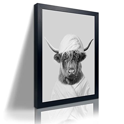 Funny Highland Cow Framed Wall Art in Bathtub,Black and White Canvas Cow in Bathroom Picture, Farmhouse Bathroom Decor,Humor Animals Bathroom Painting Canvas Rustic Style Artwork(12"x16", Framed) - color: Black and White Cow Wall Art, size: 16"L x 12"W