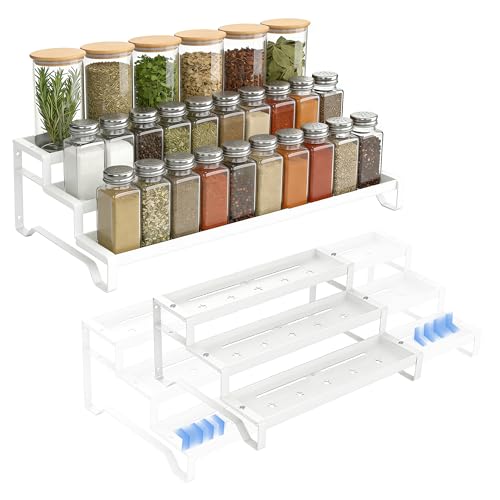 SANKEU Expandable Spice Rack Organizer for Cabinet 3 Tiered Metal Seasoning Organization with Guardrails Spice Shelf Storage for Jars Adjustable Length 13"-21" White 1Pack - color: White, size: 1 Pack-3 Tier