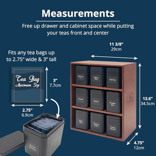 AllSpice Tea Organizer Rack with 9 Tins & 160 Magnetic Labels – Perfect for Bagged & Loose Leaf Tea Organization - Walnut - color: Walnut Stain