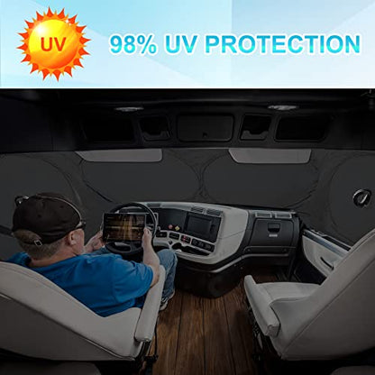 Semi-Truck Sun Shade for Windshield and Side Window | Sunshade Maximum Coverage Windshields for Truck - Block UV Sun Heat Rays - Best for Semi, Commercial & Big Rig Truck, RV（Side Windows Suction Cup）