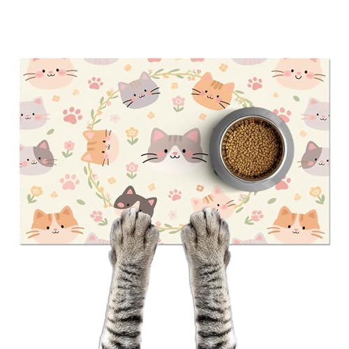 HOMETITUTE Cat Feedings Mats 20x12 inch Beige Cat Print Pet Bowl Placemat Non Slip Mat for Cats Food and Water Indoor Kitty Feeding Station Cute Cats Meal Mat for Small Pets Kitchen Floor Use - color: colorful2