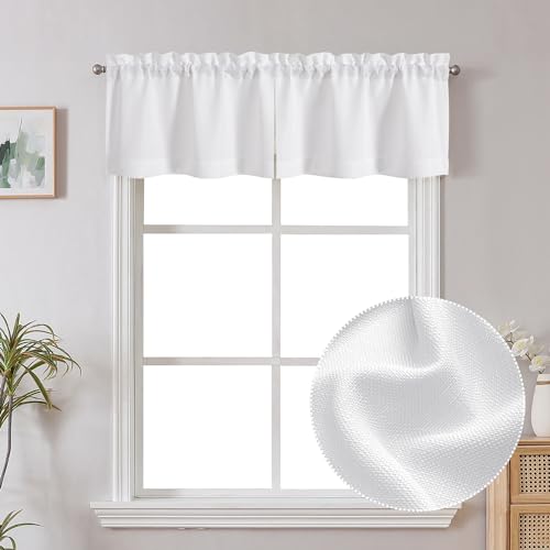 Chyhomenyc White Faux Linen Slub Textured Semi Sheer Small Window Kitchen Valance Curtain, Rod Pocket Cafe Valance for Bathroom Laundry Basement, 30Wx14L inch, 2 Piece - color: White, size: 30"W x 14"L (Pack of 2)