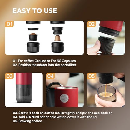 Portable Espresso Machine, Travel Coffee Maker for Camping, Car Coffee Maker Self-Heating with USB-C, 20 Bar 2-in-1 Electric Coffee Maker With Ground Coffee & NS Capsule for RV, Hiking, Office(White) - color: RED