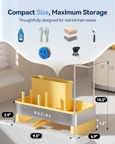 Nacial Sponge Holder for Kitchen Sink, Sink Caddy Organizer with High Brush Holder & Two Towel Racks - Rustproof 304 Stainless Steel Kitchen Countertop Storage Essentials - Yellow - color: Lemonade Stand