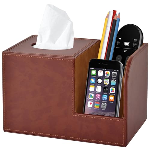 PU Leather Square Tissue Box Cover,Multifunctional Tissue Box Holder,Tissue Box with Storage,Tissue and Remote Control Holder,Tissue Box Decorative Desk Organizer for Home&Office,Brown - color: Brown