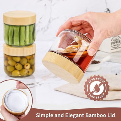 DRKIO 10 Oz Overnight Oats Containers with Bamboo Lids - 4 Pack Glass Storage Jars with Airtight Lids Wide Mouth Mason Food Jars Great for Meal Prep Salad Chia Pudding Snacks Yogurt Sugar Spice - color: 10 Oz - Natural