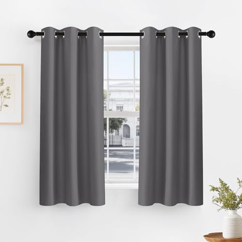 PONY DANCE Grey Short Blackout Curtains for Kitchen 45 Inch Length, Thermal Insulated Grommet Curtains for Bedroom, Black Out Drapes for Bathroom Small Window (2 Panels Set, 34 inches Wide) - color: Grey, size: 34"W x 45"L (Pack of 2)