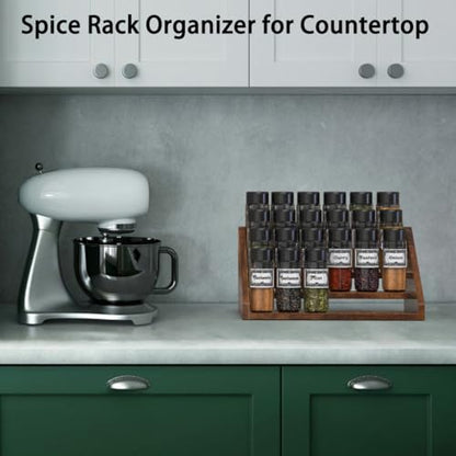 4 Step Spice Rack Organizer for Cabinet, Robust Wooden Display Riser Shelf Seasoning Organizer for Countertop Cupboard Pantry, Condiment Jar Kitchen Storage Holder Super Sturdy Stand, Rusitc Brown - size: 4-Tier