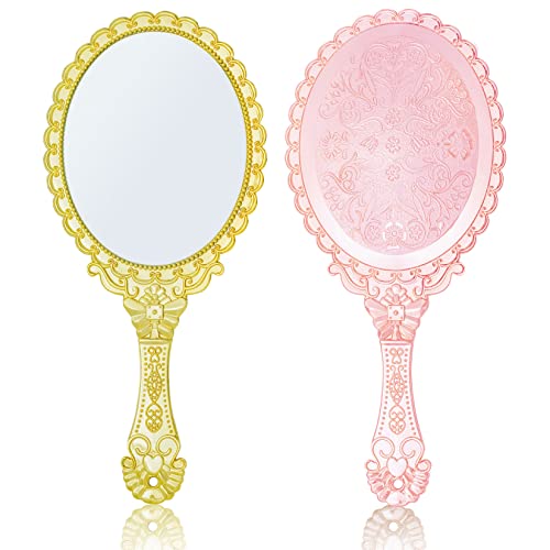 Lystaii 2pcs Handheld Mirror, Vintage Hand Travel Purse Mirrors with Handle Portable Embossed Flower Hand Held Decorative Mirrors Compact Packet Mini Mirror for Girls Face Makeup - color: Gold, Rose Gold