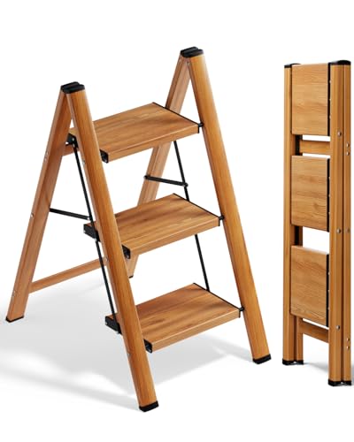 SOLADDER 3 Step Ladder, Folding Aluminum 3 Step Stool with Anti-Slip Wide Sturdy Pedal, Multi-Use for Home and Kitchen, Space Saving-Woodgrain(300 lbs Capacity) - color: Woodgrain, size: 3 Step