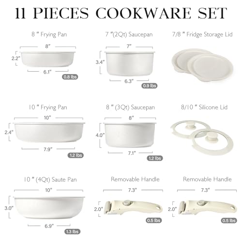 GiPP 11Pcs Pots and Pans Set Non Stick, Cookware Sets Nonstick Detachable Handle, Induction Kitchen Set Removable Handle, RV Cookware set, Oven Safe - color: White, size: 11