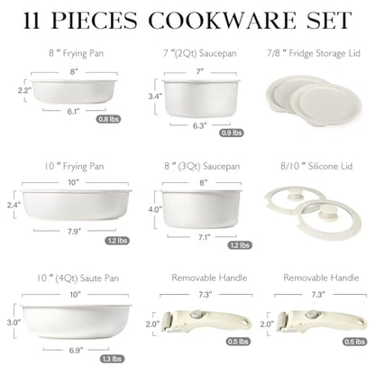 GiPP 11Pcs Pots and Pans Set Non Stick, Cookware Sets Nonstick Detachable Handle, Induction Kitchen Set Removable Handle, RV Cookware set, Oven Safe - color: White, size: 11