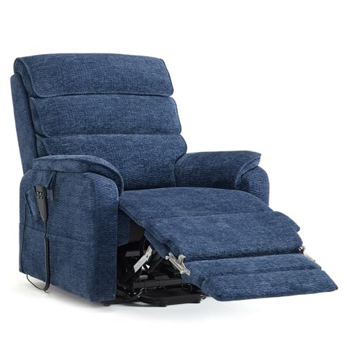 DYNOX Dual Motor Power Lift Recliner Chair for Tall Man, Lay Flat Lift Chair with Extended Footrest, Infinite Position Reclining, Heat & Massage, Chenille Fabric, 350 lbs Support, Blue, 9198L - color: Chenille Blue, size: Medium - Tall