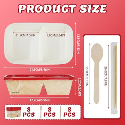 8 Pack 32oz Paper Lunch Box Bento Boxes, 2-Compartment Food Storage Containers with Lids, Leakproof Soak-Proof and Microwave Safe, Disposable To Go Boxes for Picnics, Offices, Catering, Red Lid - color: Red