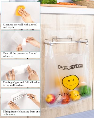 YQh Garbage Bag Holder Stainless Steel for Kitchen Cabinet Doors and Walls, Under Sink Plastic Bag Hooks, Kitchen Trash Can, Grocery Bag Holder, Front Opening Design, Easy to Pick and Place - style: Open-Style Adhesive Hook