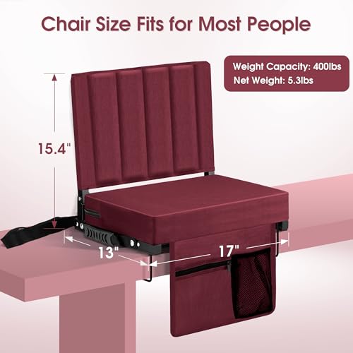 Stadium Seat for Bleachers with Back Support, Portable Bleacher Seat with Wide Comfy Padded Cushion, Metal Hook, Folding Stadium Chair with Shoulder Strap, Carry Handle, Cup Holder, Burgundy - color: Burgundy