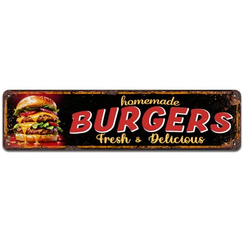 Homemade Burgers Embossed Metal Sign - Vintage Diner Burgers Sign for Kitchen or Man Cave - Fresh and Delicious, Tin Signs 4 x 16 Inch - color: V-110