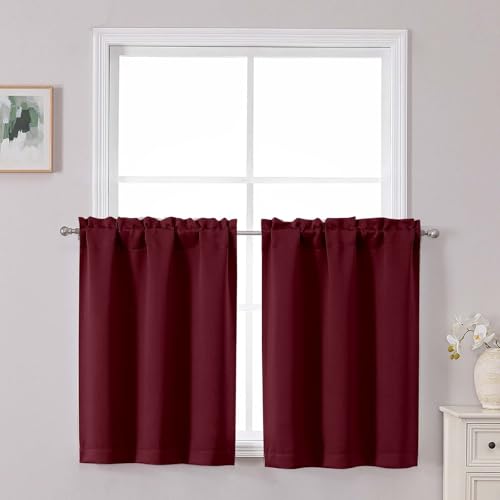 Chyhomenyc Short Burgundy Curtains 30 Inch Length, Small Kitchen Curtain Rod Pocket Half Window Curtains for Basement Cabinet Camper RV Bunk, 2 PCS, Each 30Wx30L - color: Burgundy, size: 30"W x 30"L (Pack of 2)